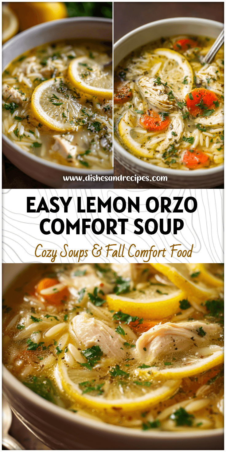 Bowl of lemon chicken orzo soup with tender chicken and fresh herbs, an easy quick homemade soup recipe.
